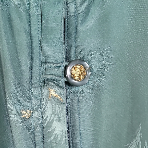Vintage 80s 100% Silk Bomber Jacket XL Teal Gold Feather Embroidered Zip - Picture 9 of 16